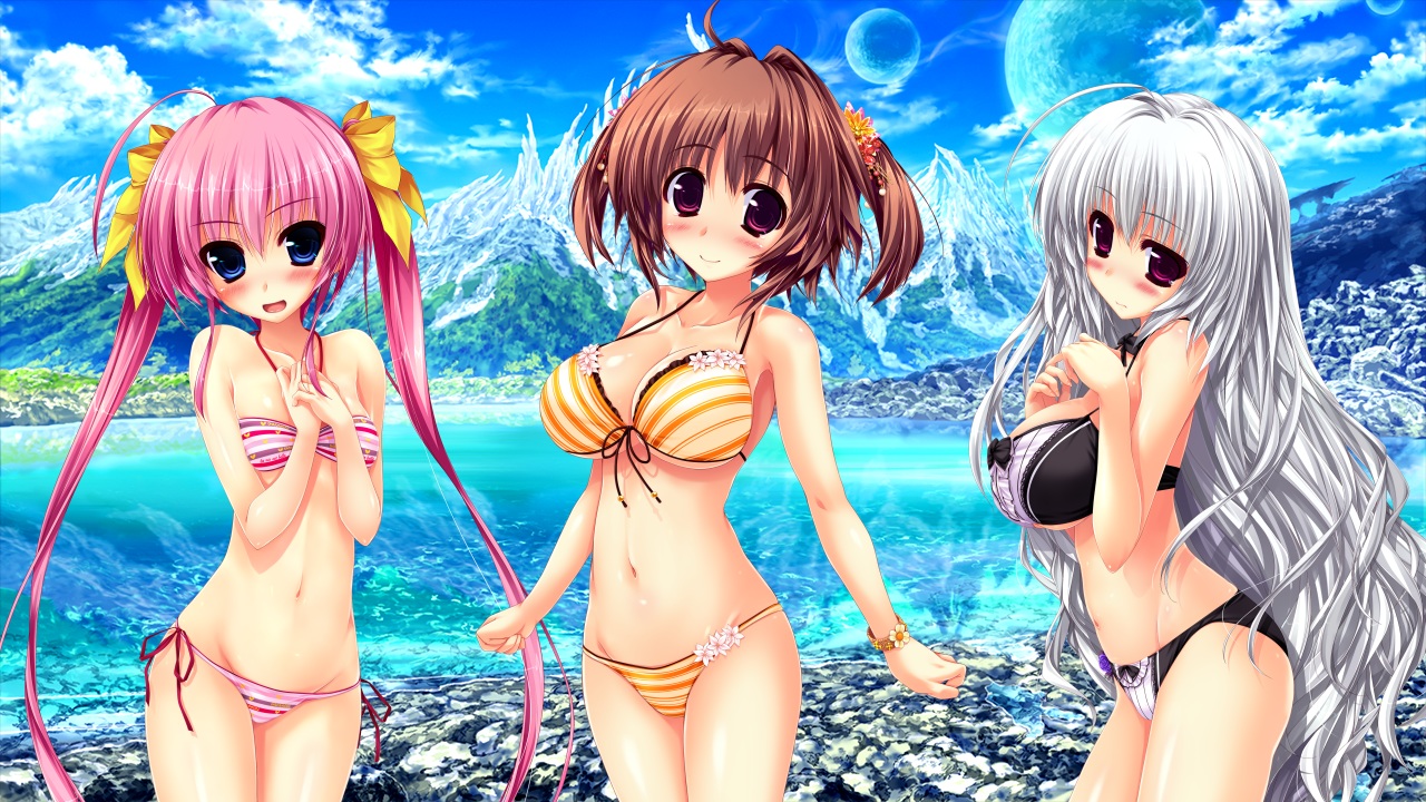 benifuji_yuria, bikini, blue_eyes, blush, brown_hair, clochette, game_cg, kaidou_ririko, long_hair, navel, oshiki_hitoshi, pink_hair, planet, purple_eyes, sakigake_generation, shikishima_natsume, short_hair, swimsuit, twintails, water, white_hair, wristwear