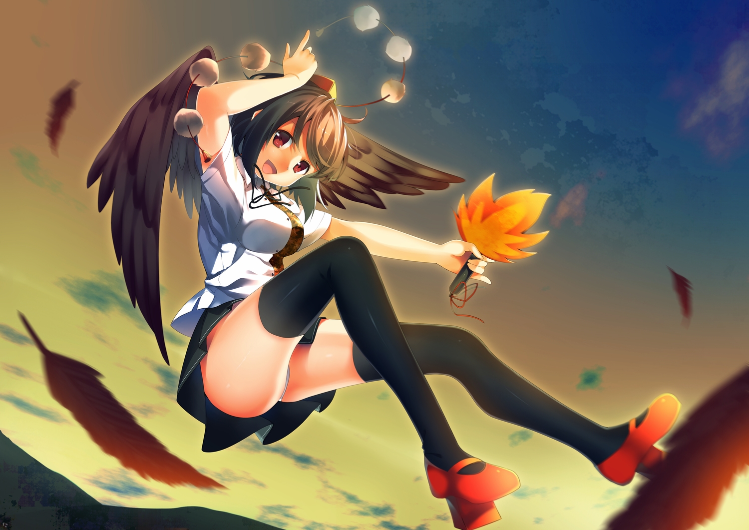black_hair, fan, feathers, hat, niwashi_(yuyu), panties, red_eyes, shameimaru_aya