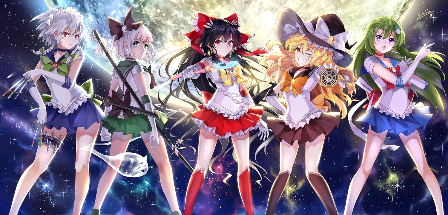 black_hair, blonde_hair, bow, braids, choker, cosplay, elbow_gloves, garter, gloves, gray_hair, green_eyes, green_hair, group, hakurei_reimu, hat, izayoi_sakuya, kirisame_marisa, knife, kochiya_sanae, konpaku_youmu, moon, myon, neko_(yanshoujie), parody, purple_eyes, red_eyes, sailor_moon, signed, skirt, stars, sword, touhou, wand, weapon, white_hair, wink, witch, witch_hat, yellow_eyes