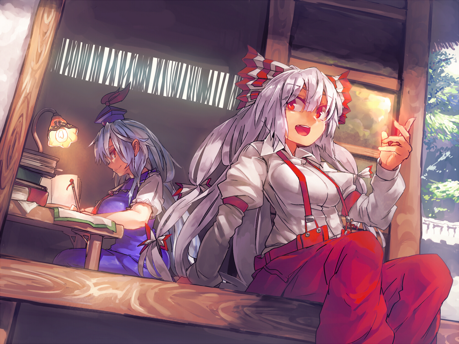 2girls, book, fujiwara_no_mokou, gray_hair, hat, kamishirasawa_keine, long_hair, red_eyes