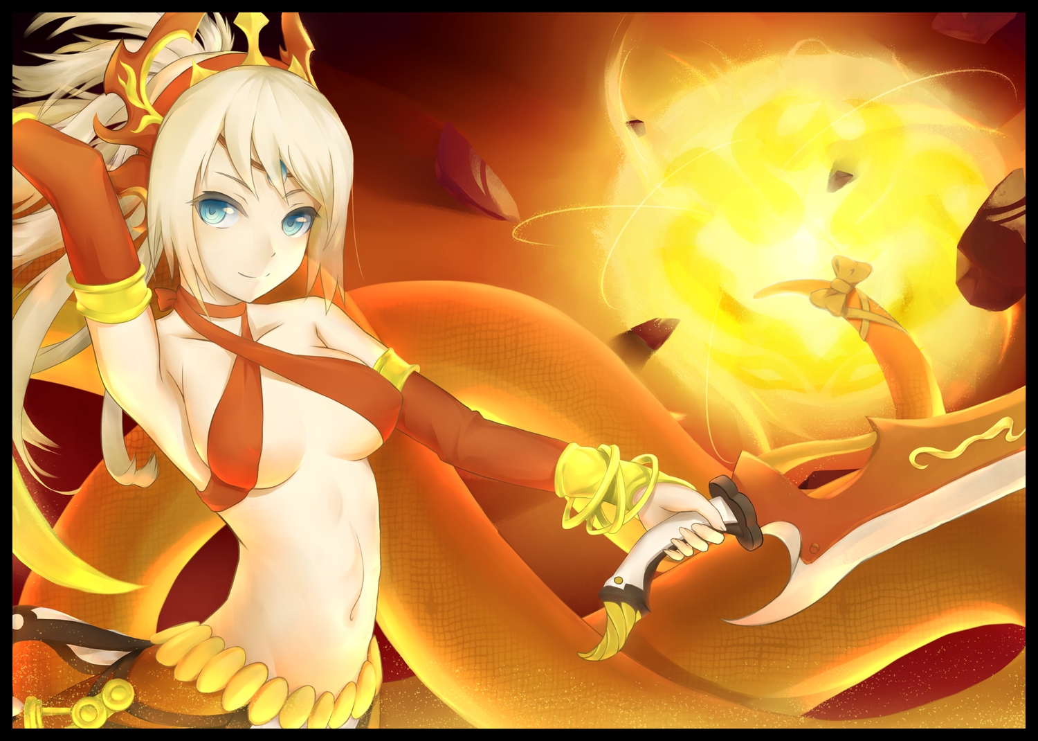 blonde_hair, blue_eyes, bow, breasts, echidna_(p&d), headband, long_hair, navel, puzzle_&_dragons, sword, tail, threeplus, weapon