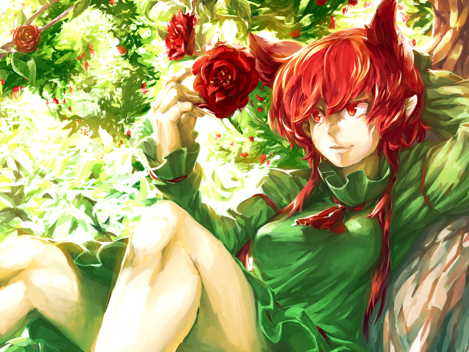 animal_ears, catgirl, flowers, kaenbyou_rin, pointed_ears, red_eyes, red_hair, rose