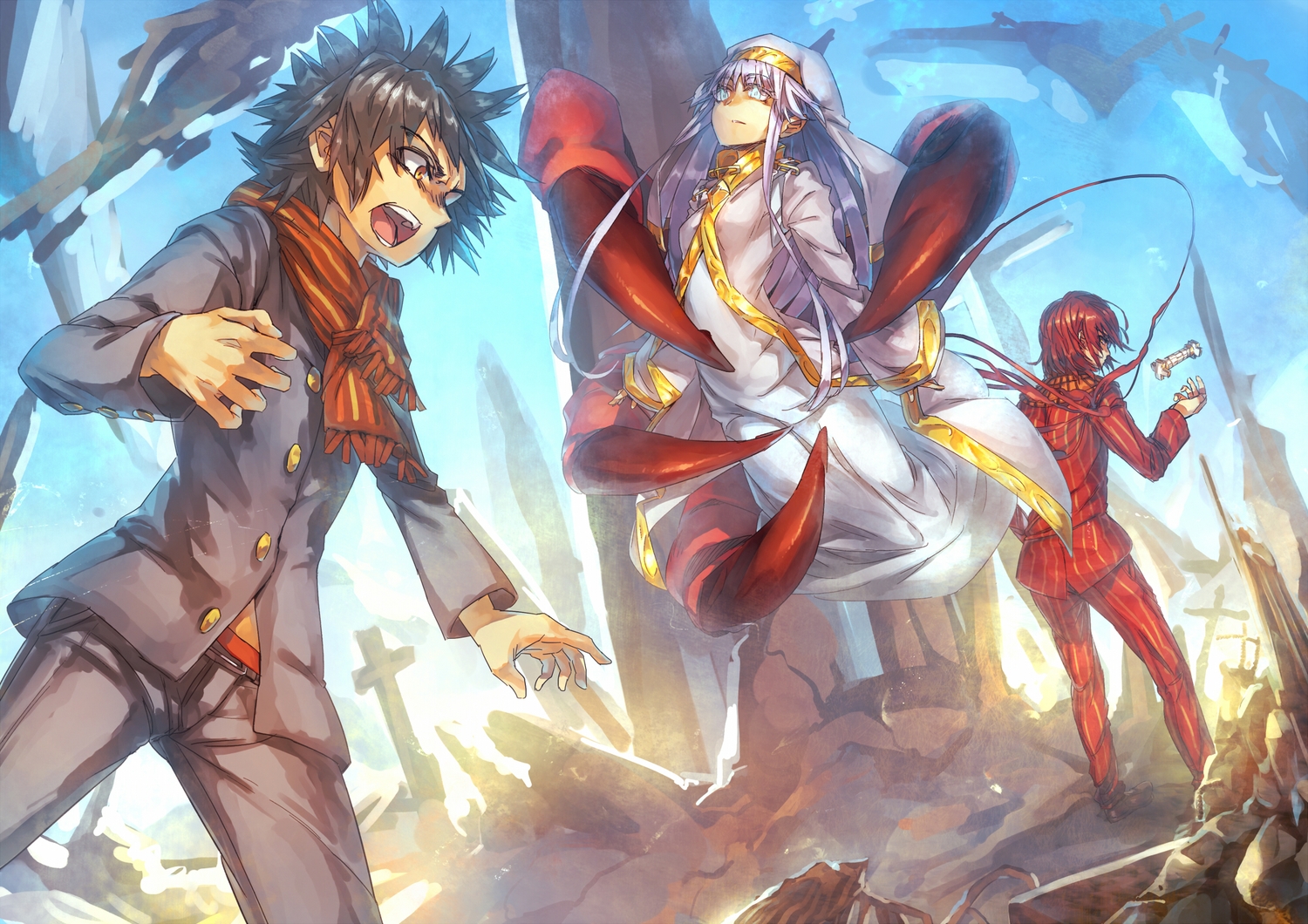 black_hair, blue_eyes, cross, fiamma_of_the_right, gray_hair, hat, index, kamijou_touma