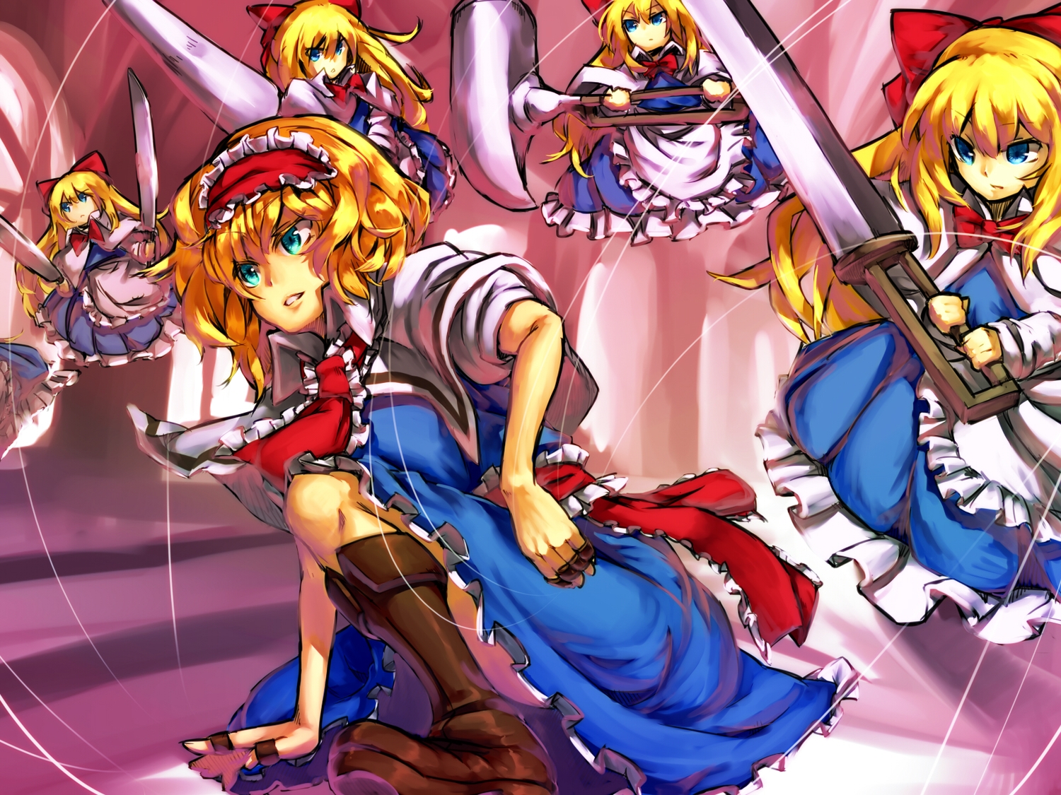 alice_margatroid, aqua_eyes, blonde_hair, blue_eyes, boots, bow, doll, dress