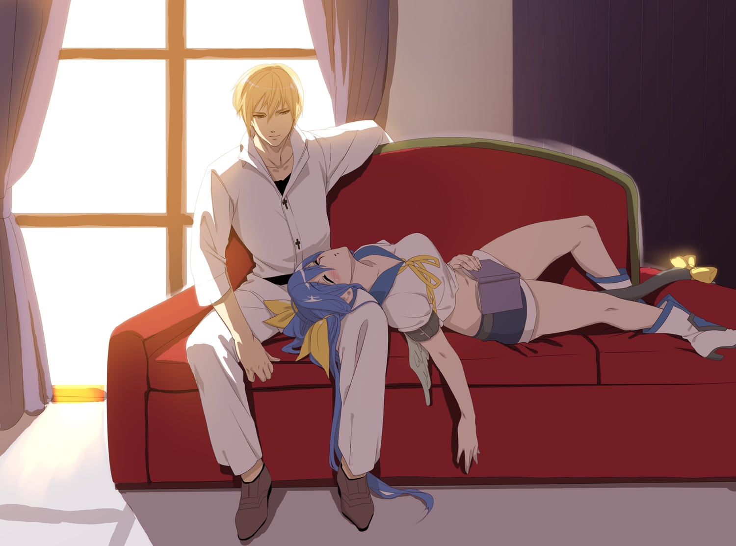 blonde_hair, blue_hair, blush, book, boots, bow, dizzy, guilty_gear