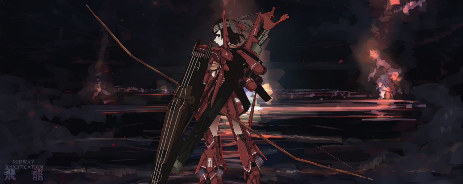 anthropomorphism, black_eyes, black_hair, bow_(weapon), crossover, dark, fire, headband