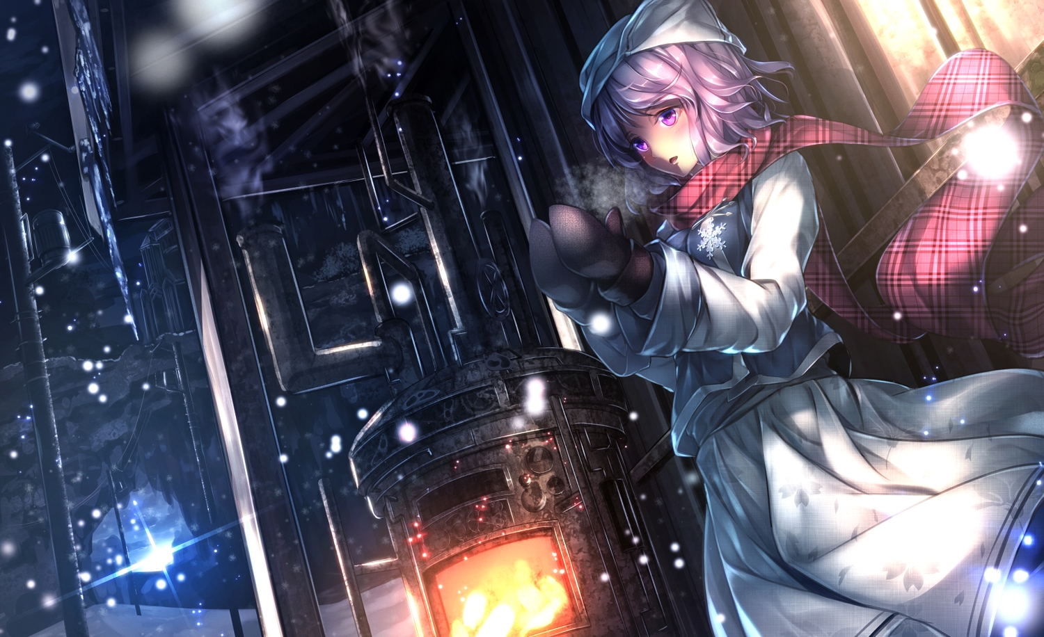 gloves, hat, letty_whiterock, purple_eyes, purple_hair, ryosios, scarf, snow, touhou