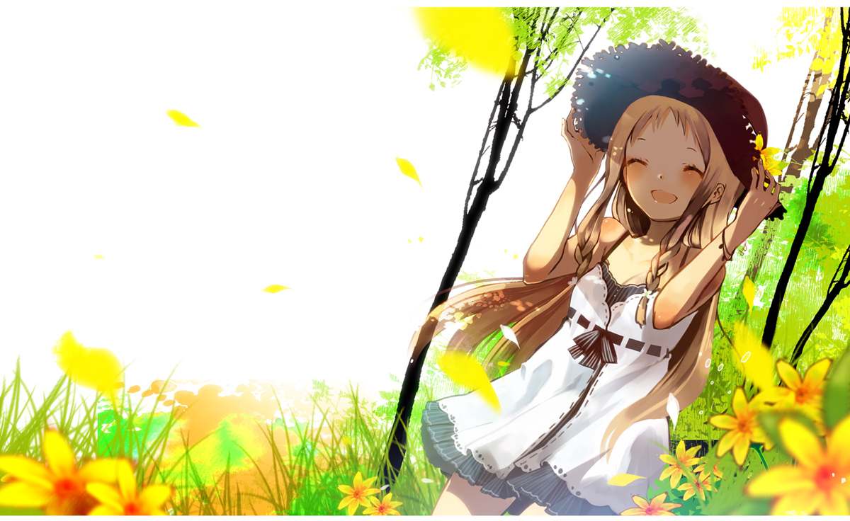 brown_hair, dress, flowers, hat, original, petals, yuzuyomogi