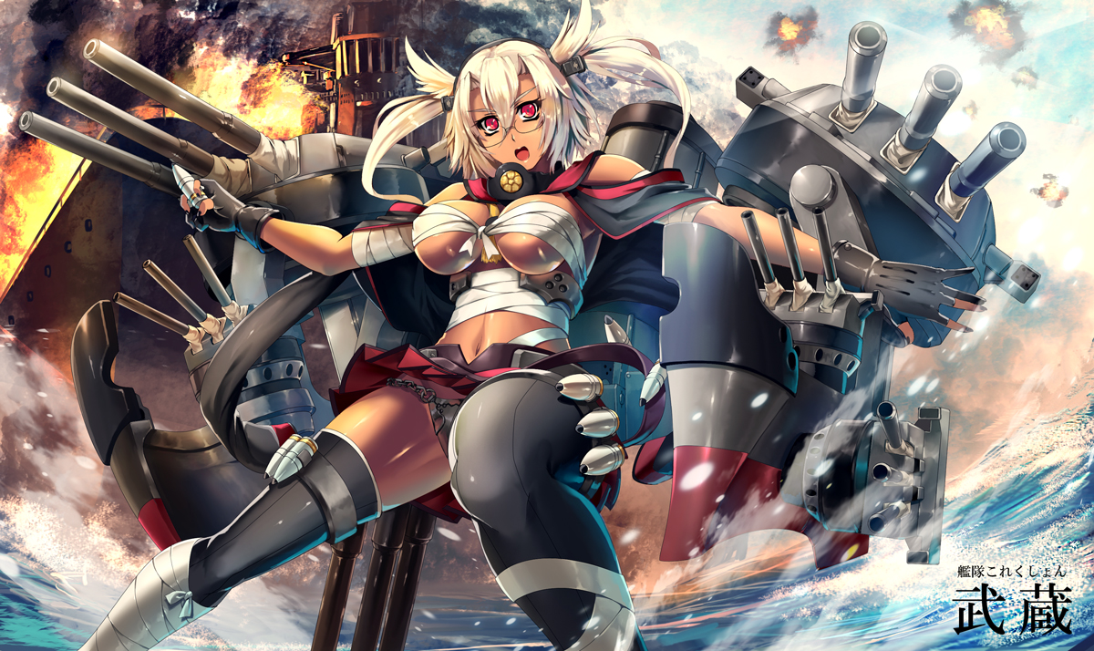 anthropomorphism, dark_skin, kantai_collection, mechagirl, musashi_(kancolle), red_eyes, sarashi, underwear