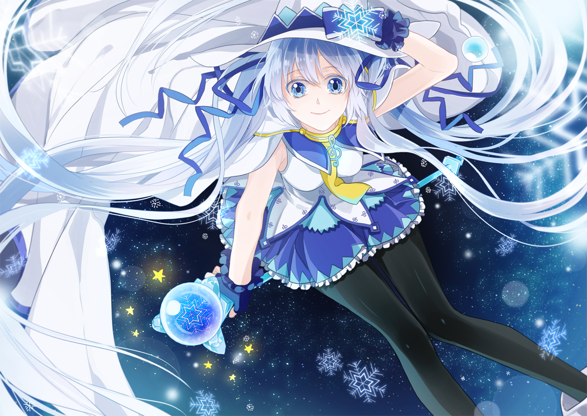 blue_eyes, hat, hatsune_miku, kurisu_takumi, long_hair, pantyhose, twintails, vocaloid, witch_hat, yuki_miku