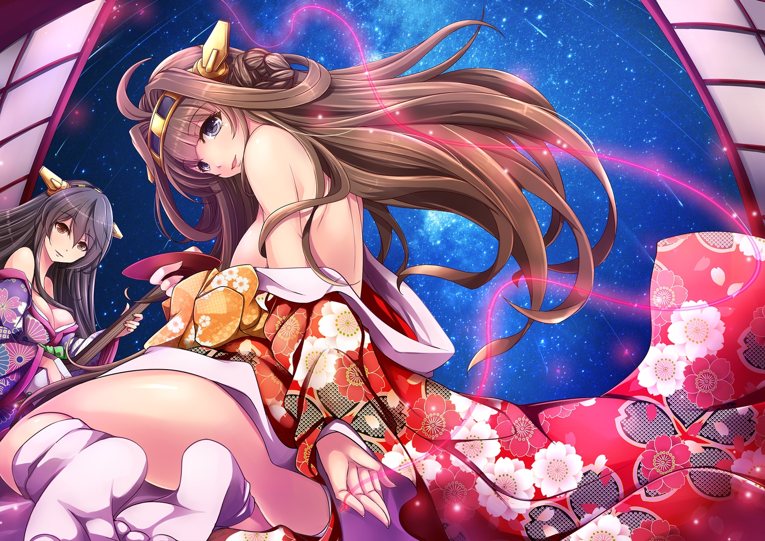 2girls, aata1007, anthropomorphism, black_eyes, black_hair, breasts, brown_eyes, brown_hair, cleavage, haruna_(kancolle), headband, instrument, japanese_clothes, jpeg_artifacts, kantai_collection, kimono, kongou_(kancolle), long_hair, night, socks, stars
