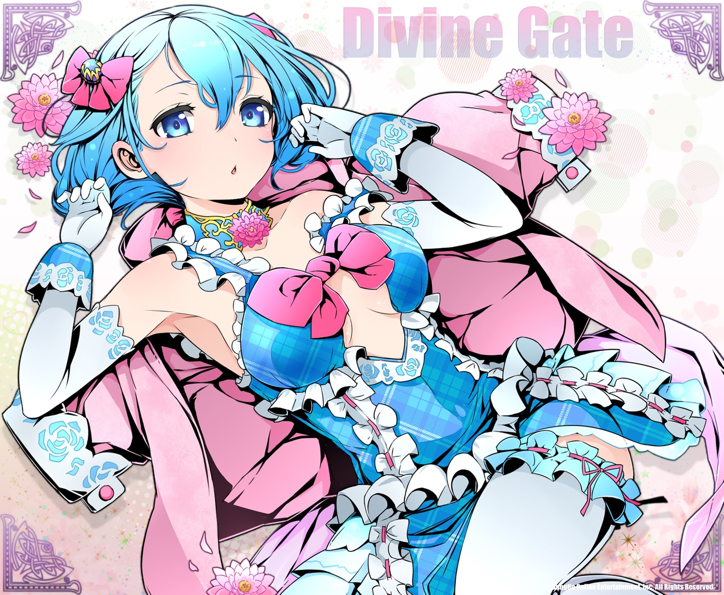 blue_eyes, blue_hair, bow, choker, divine_gate, elbow_gloves, gloves, short_hair, tagme_(artist), thighhighs, vivian_(divine_gate), watermark