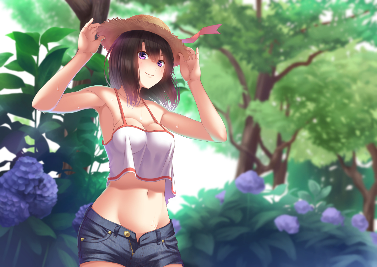 black_hair, breasts, cleavage, ese_shinshi, flowers, hat, leaves, navel, original, purple_eyes, short_hair, shorts, tree