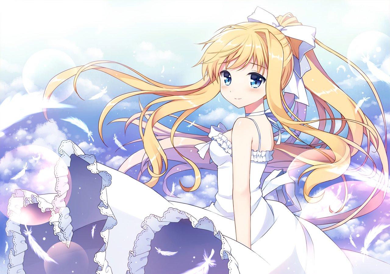 air, blonde_hair, blue_eyes, dress, feathers, kamio_misuzu, long_hair, mauve, ponytail, sky, tears