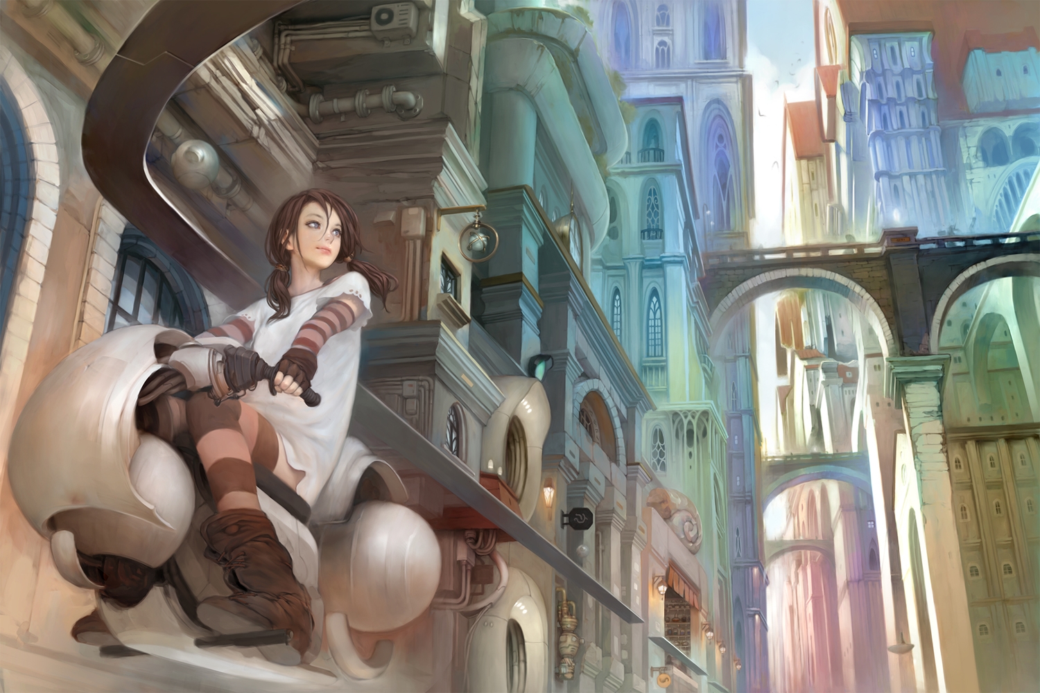 blue_eyes, boots, brown_hair, building, city, gloves, motorcycle, mujiha_(mlog), original, thighhighs, twintails
