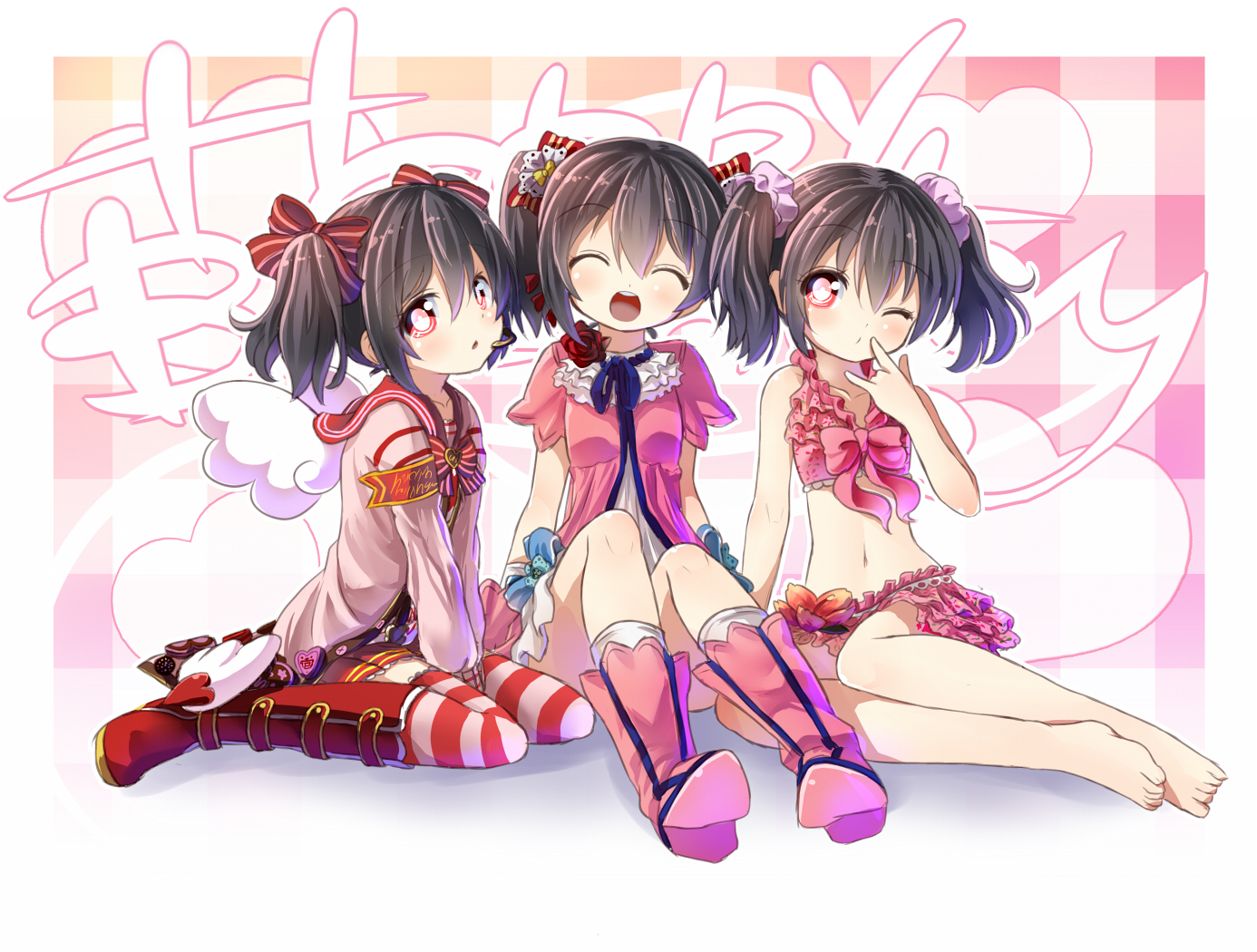 barefoot, bikini, black_hair, boots, bow, love_live!_school_idol_project, navel, red_eyes, shikei_(jigglypuff), short_hair, skirt, swimsuit, thighhighs, twintails, wings, wink, yazawa_nico