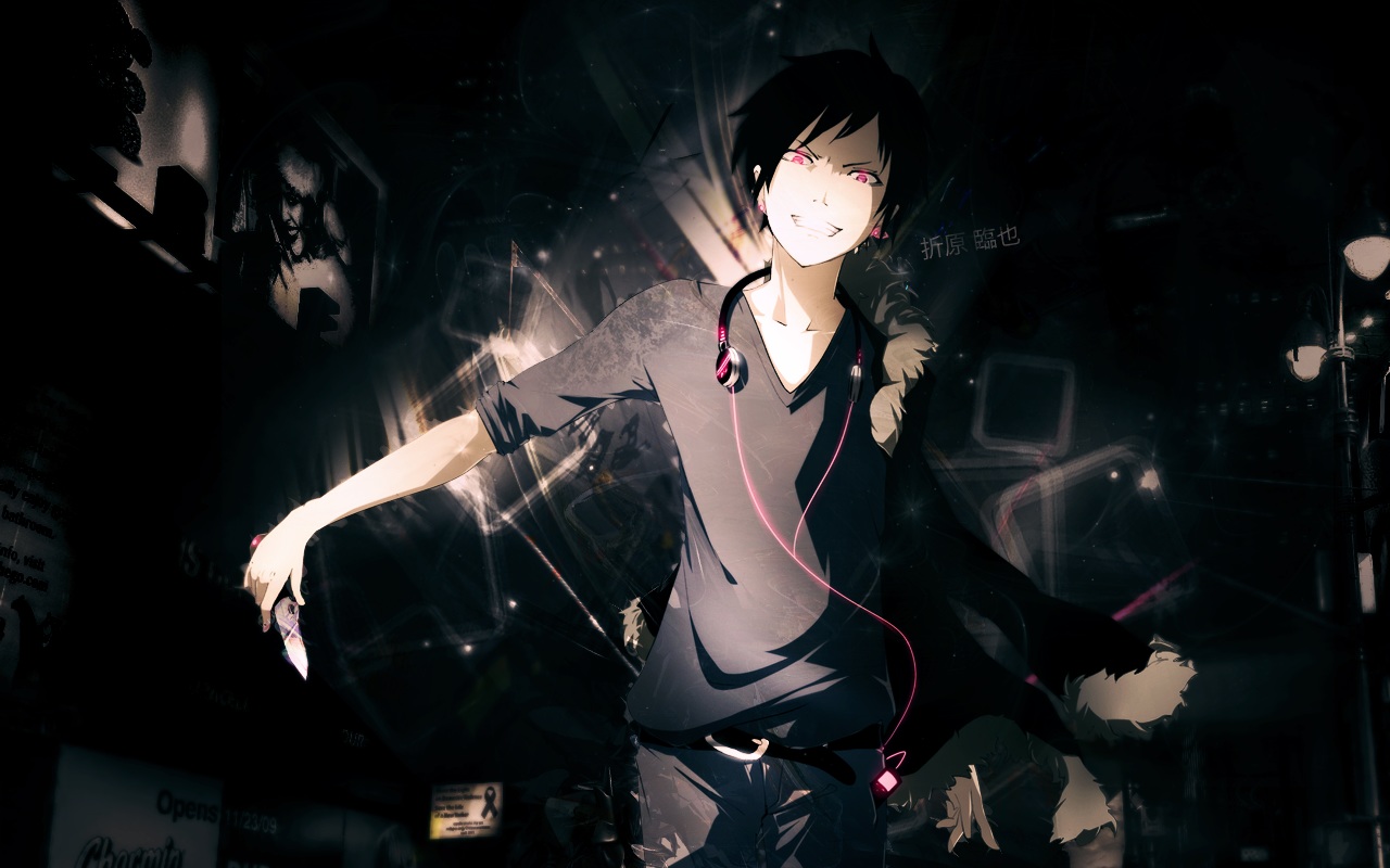 all_male, black_hair, durarara!!, headphones, knife, male, orihara_izaya, pink_eyes
