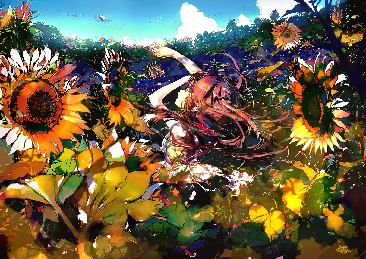 flowers, hat, long_hair, original, red_hair, sunflower, untan_(nanathy)