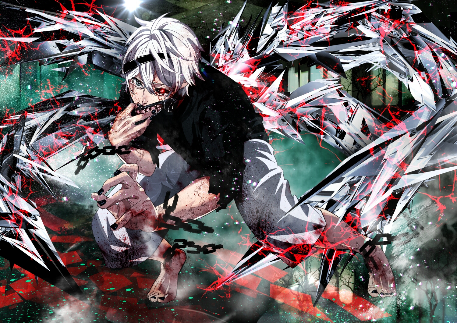 all_male, barefoot, bicolored_eyes, blood, chain, kaneki_ken, male, mask, short_hair, tokyo_ghoul, white_hair, yuna_(rutera)