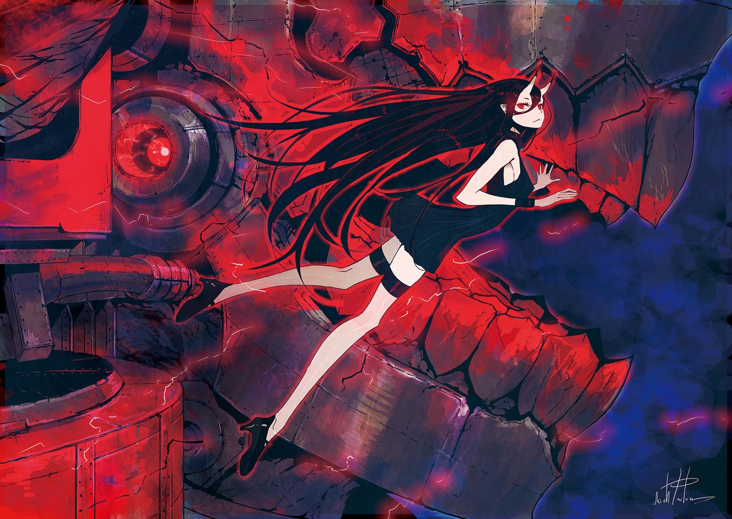 anthropomorphism, battleship_hime, black_hair, dress, horns, kantai_collection, long_hair, palow