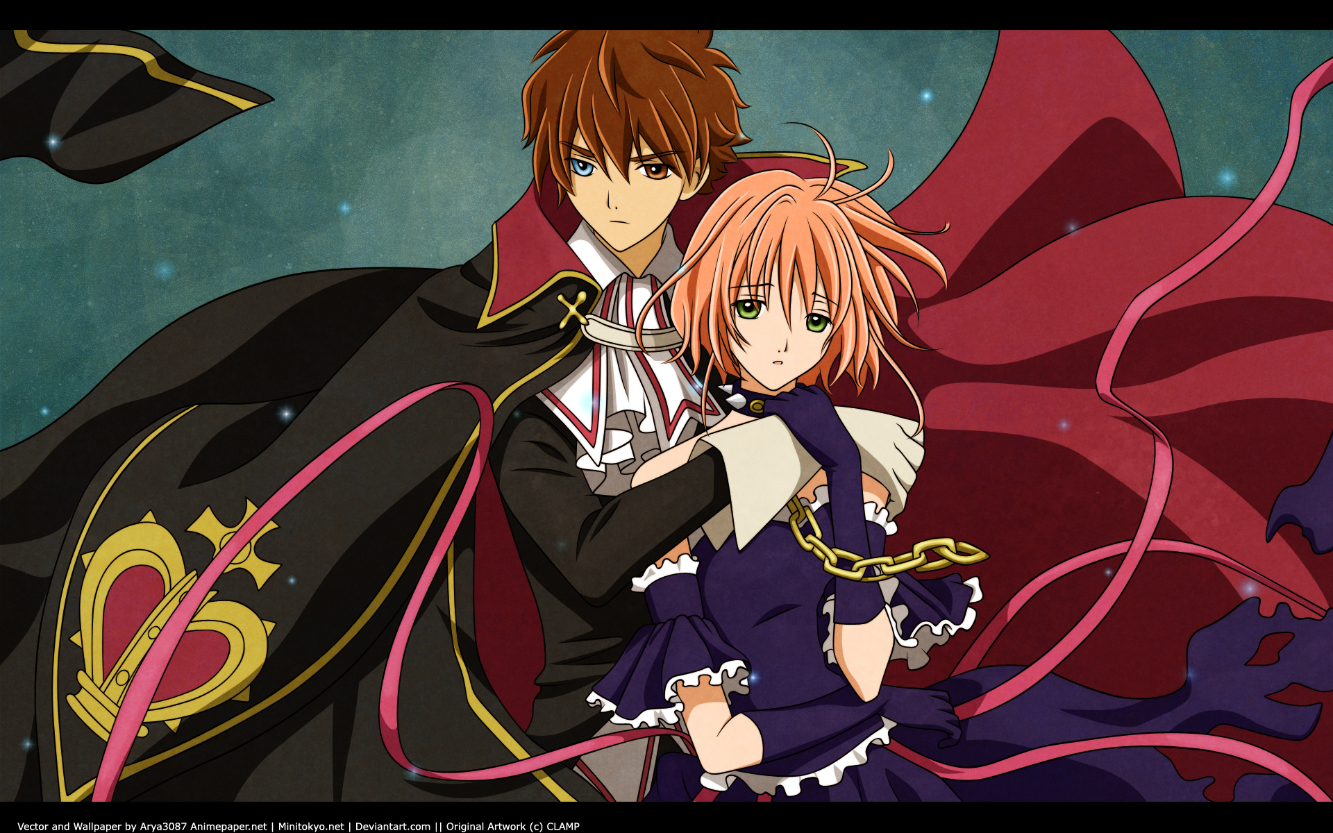 bicolored_eyes, brown_hair, cape, chain, clamp, collar, gloves, green_eyes, ribbons, sakura_(tsubasa), syaoran, tokyo_revelations, tsubasa_reservoir_chronicle