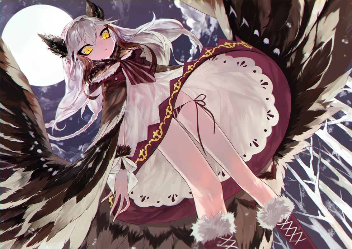 animal_ears, anthropomorphism, boots, dress, judy6241, long_hair, moon, original, white_hair, wings, yellow_eyes