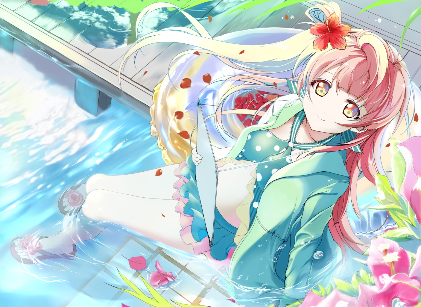 bikini, flowers, long_hair, love_live!_school_idol_project, minami_kotori, petals, pink_hair, skirt, swimsuit, water, wedtaro