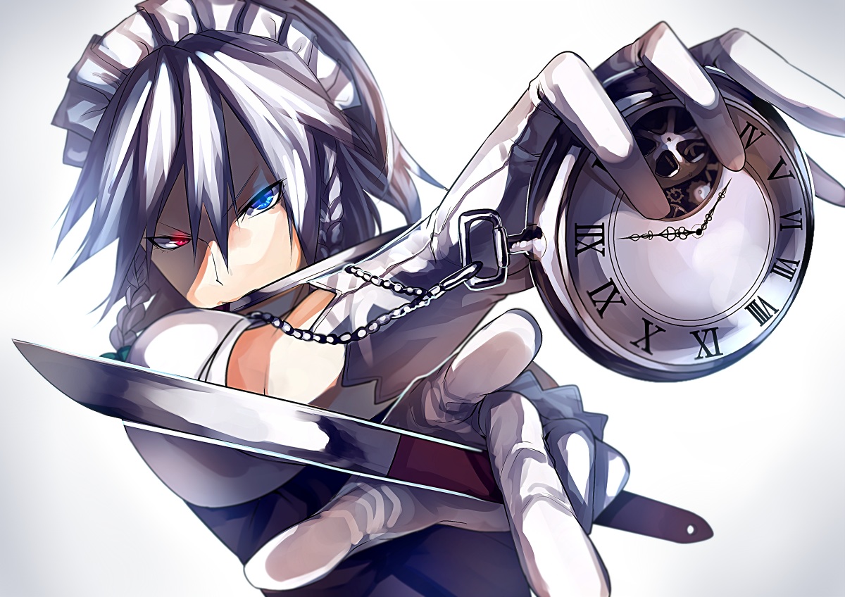bicolored_eyes, braids, gloves, gray_hair, headdress, izayoi_sakuya, knife, maid, touhou, uu_uu_zan, weapon