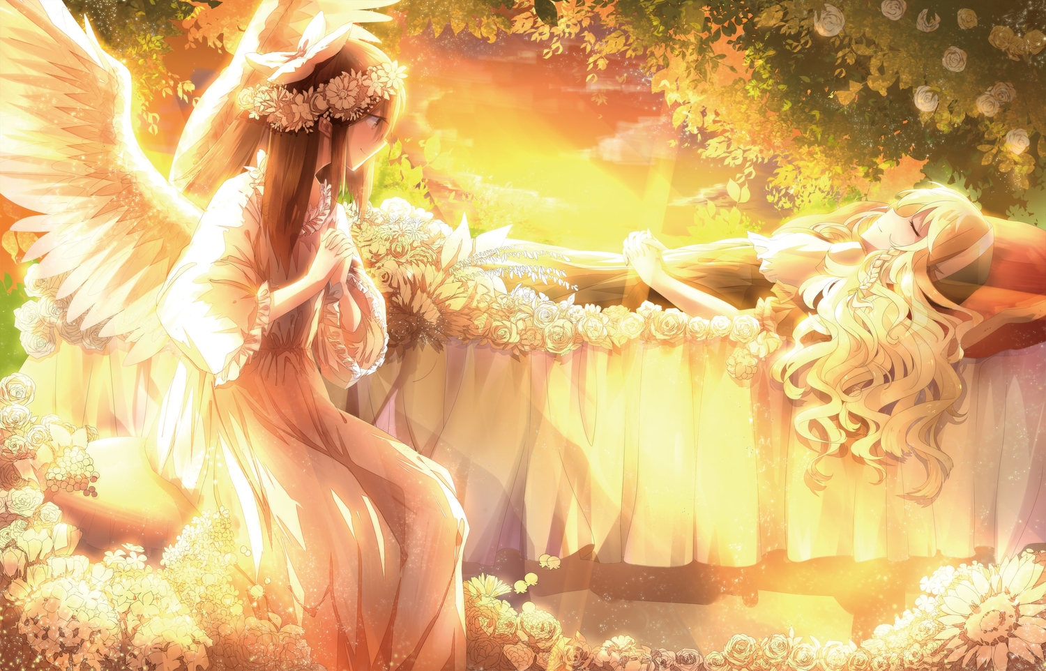2girls, 3000_xiao_chun, blonde_hair, bow, braids, brown_eyes, brown_hair, clouds, dress, flowers, hakurei_reimu, headdress, jpeg_artifacts, kirisame_marisa, leaves, long_hair, orange, sky, sleeping, sunset, touhou, tree, wings