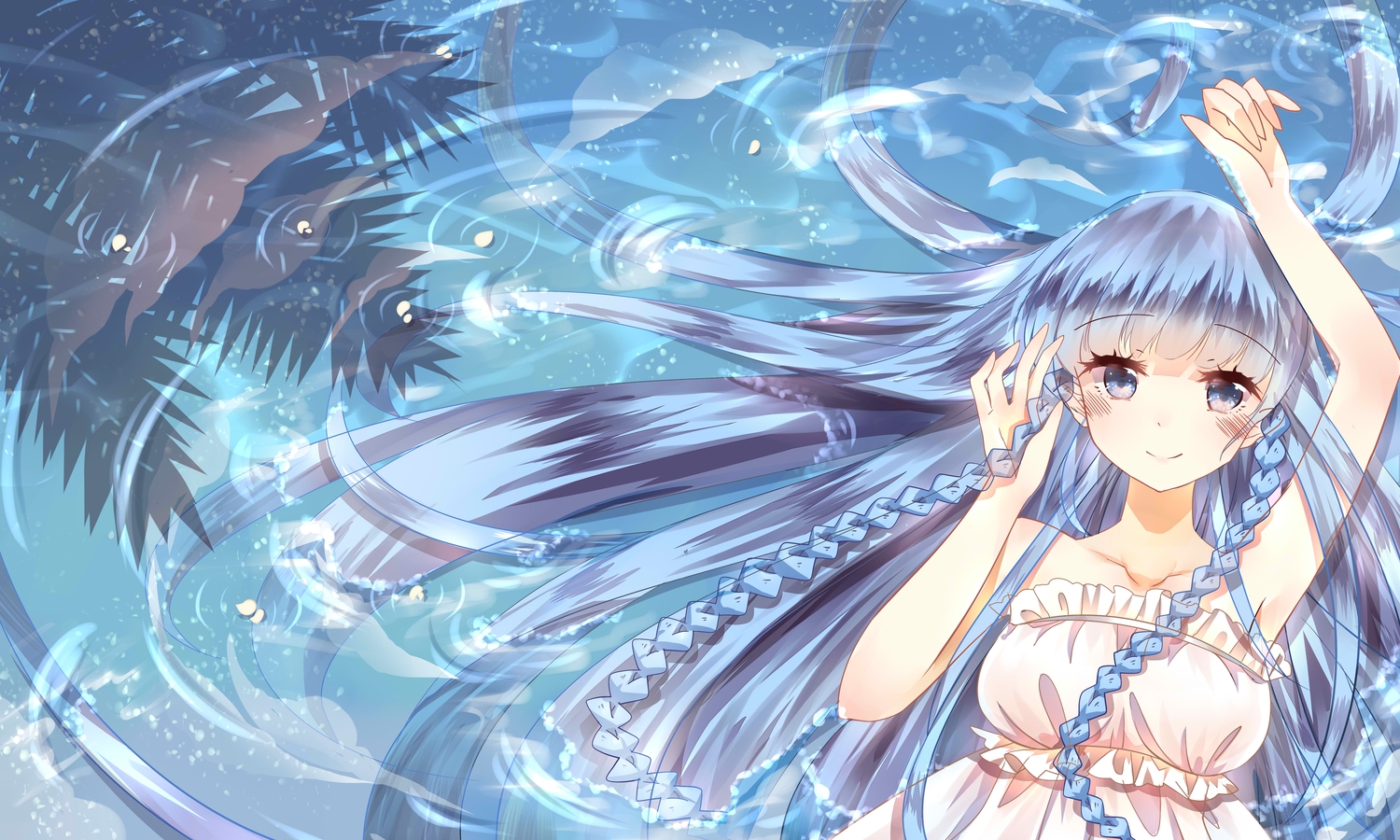3000_xiao_chun, blue, blue_eyes, blue_hair, blush, braids, dress, jpeg_artifacts