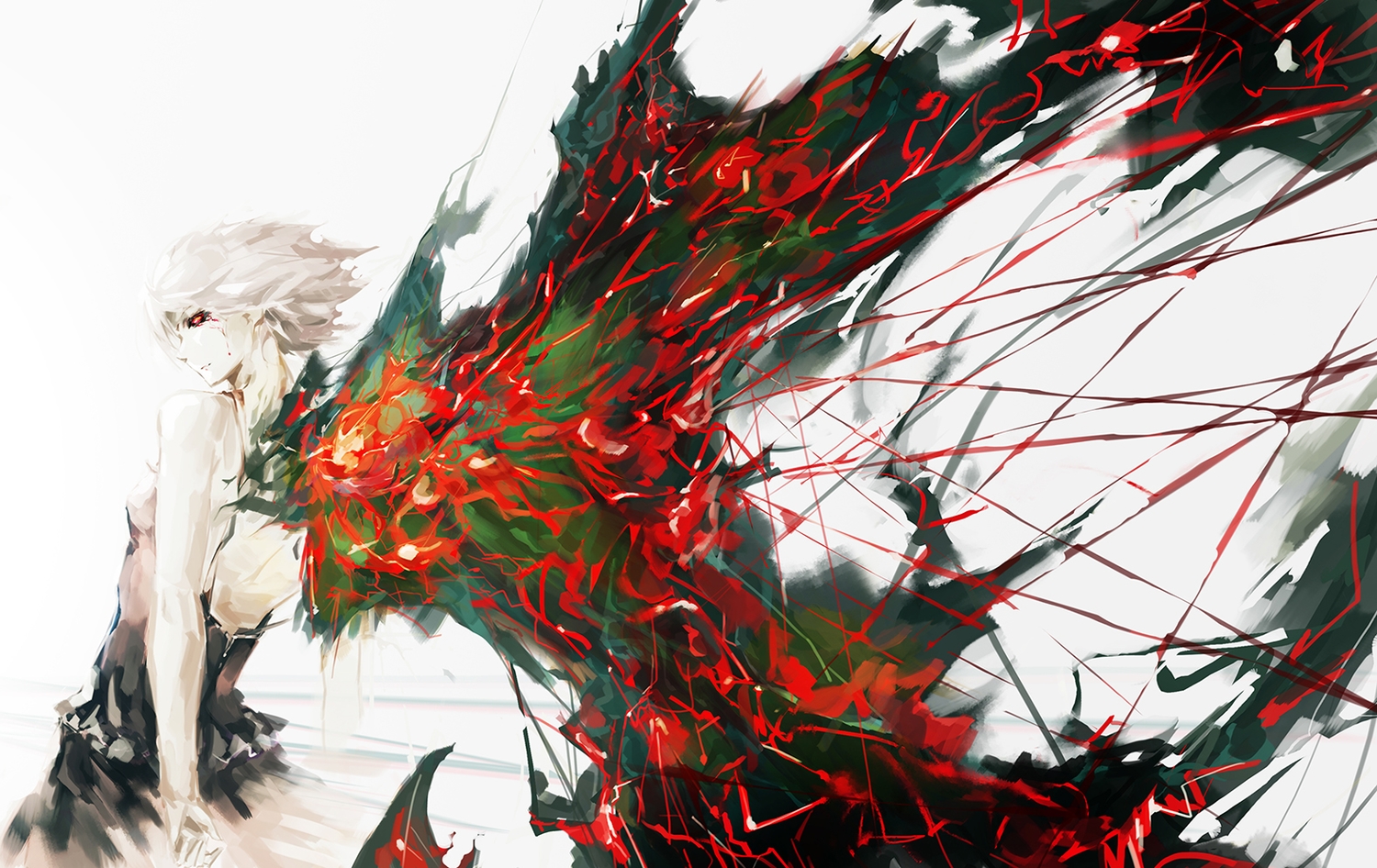 kirishima_touka, red_eyes, short_hair, tokyo_ghoul, vibiss, white_hair, wings