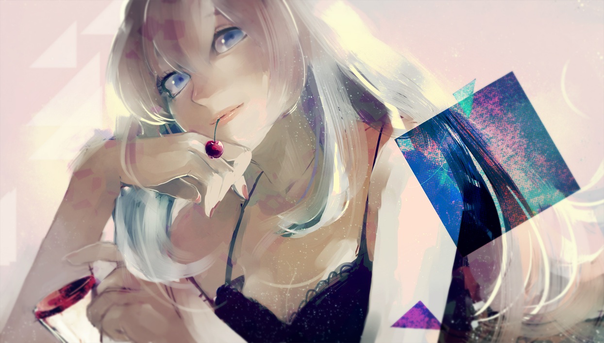 blue_eyes, cherry, food, fruit, hassan_(sink916), long_hair, megurine_luka, pink, pink_hair, vocaloid, white_hair