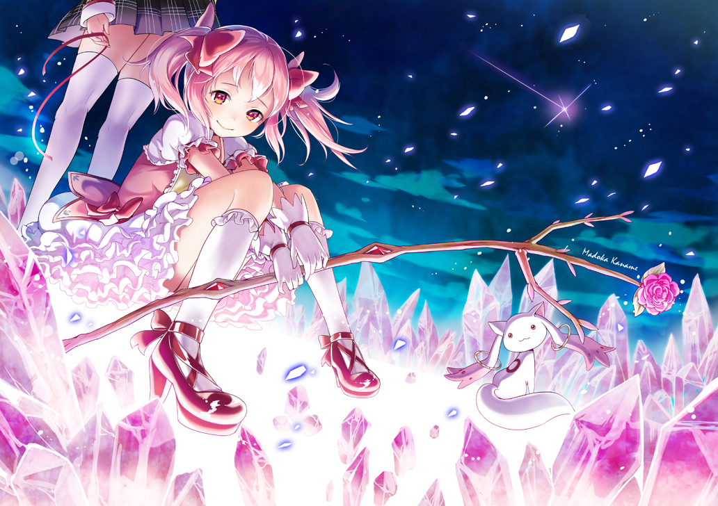 bow, bow_(weapon), flowers, gloves, kaname_madoka, kneehighs, kyuubee, mahou_shoujo_madoka_magica, pink_eyes, pink_hair, ribbons, rose, sheep_sleep, short_hair, thighhighs, twintails, weapon