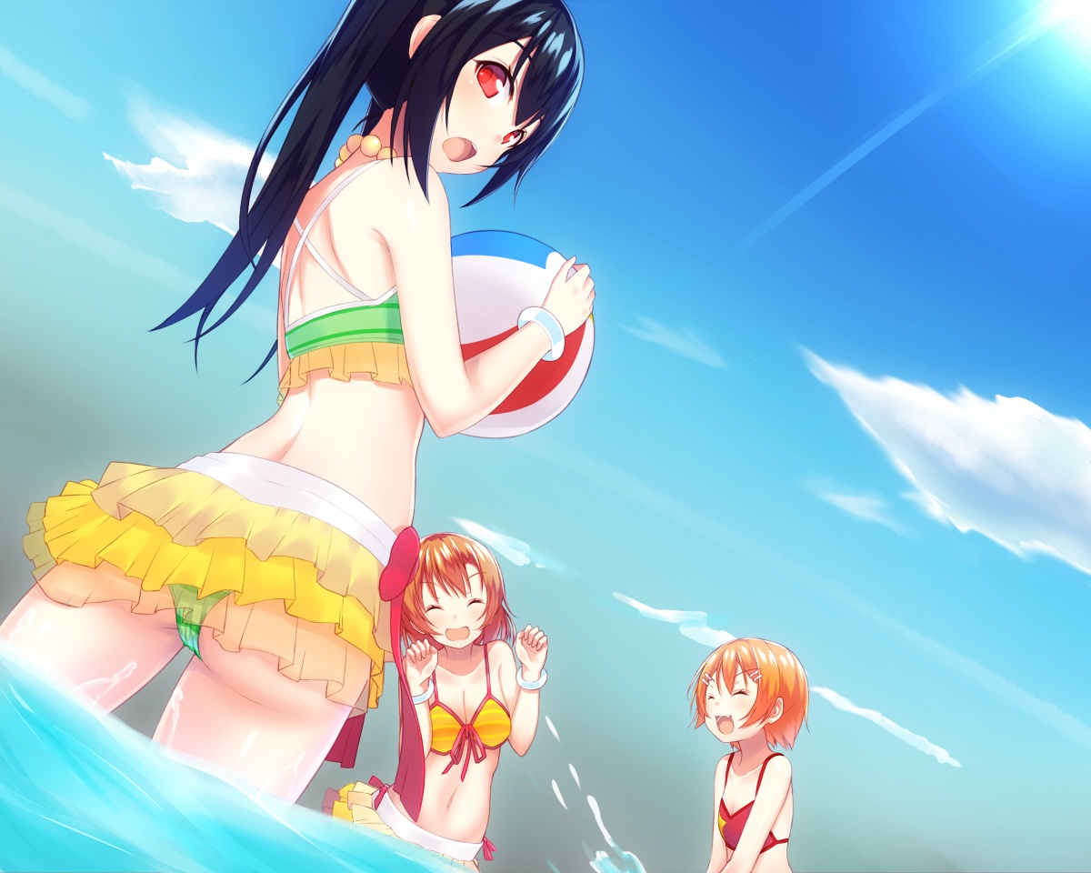 bikini, black_hair, brown_hair, fang, hoshizora_rin, kousaka_honoka, long_hair, love_live!_school_idol_project, orange_hair, ponkotsu_(ayarosu), red_eyes, short_hair, skirt, sky, swimsuit, water, wristwear, yazawa_nico