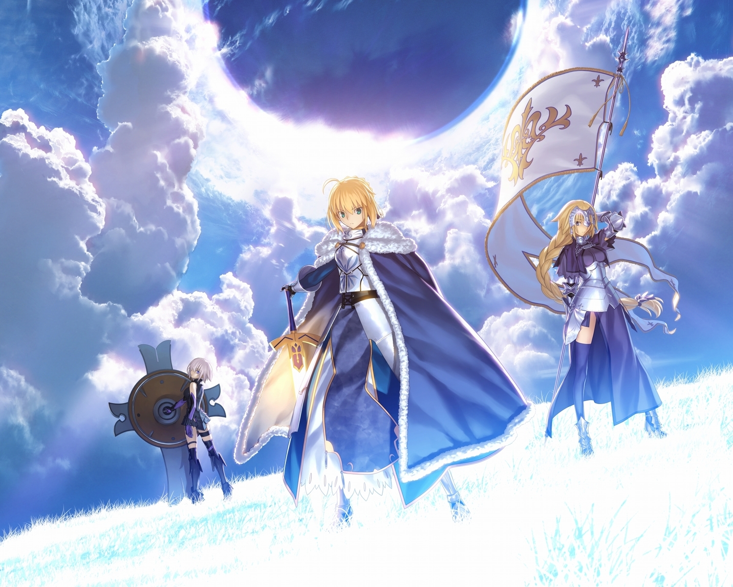 armor, artoria_pendragon_(all), blonde_hair, boots, braids, cape, clouds, cropped