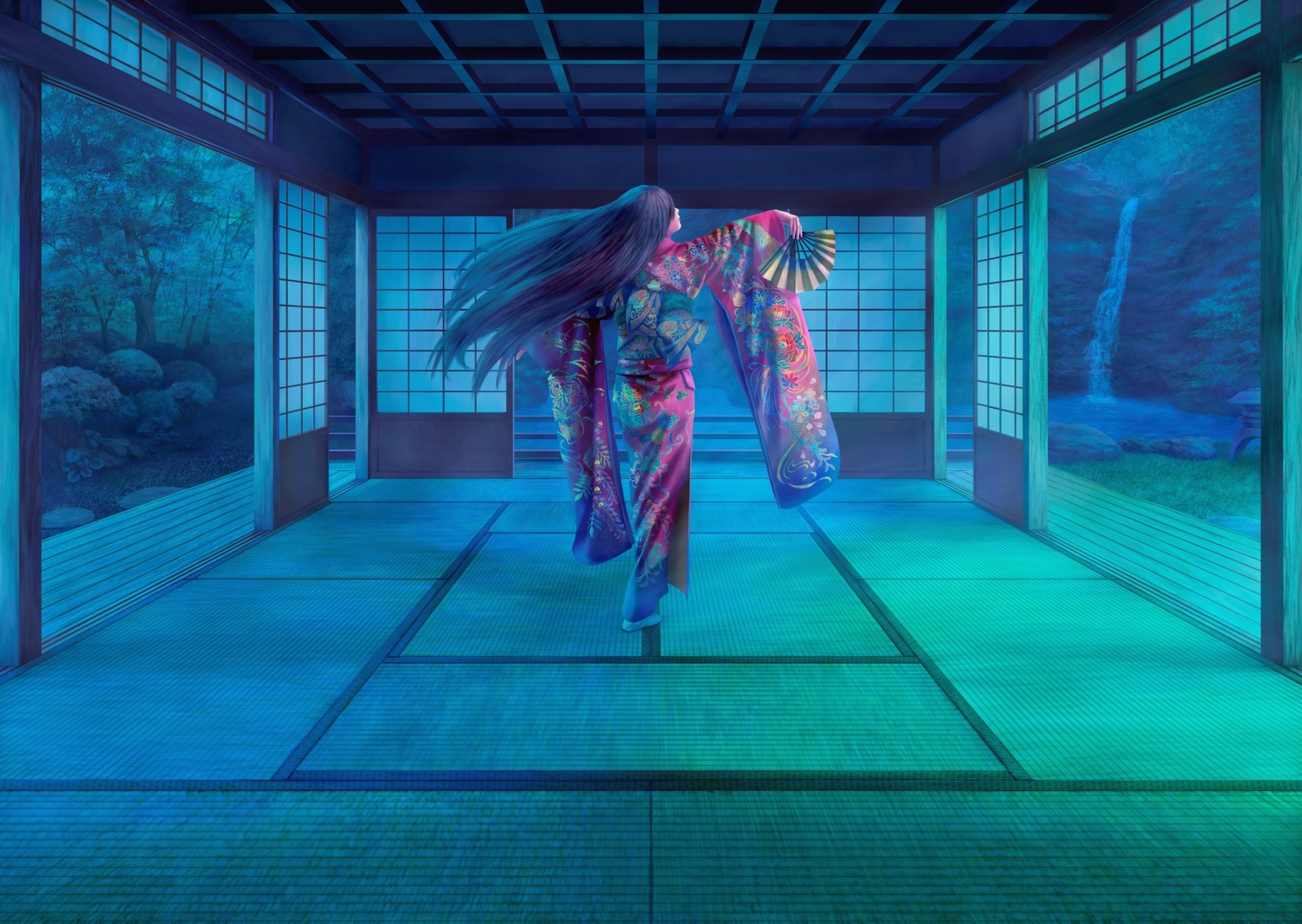 erhu, fan, japanese_clothes, kimono, original, scenic