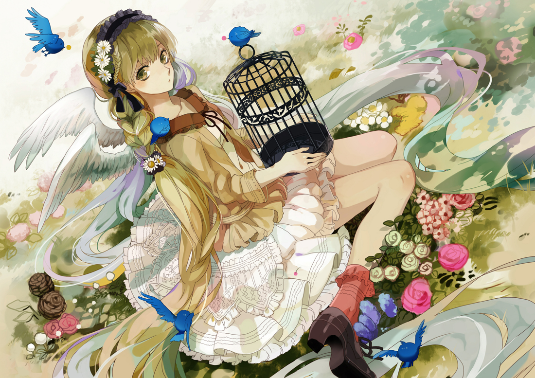 animal, bird, braids, cage, dress, flowers, green_eyes, green_hair