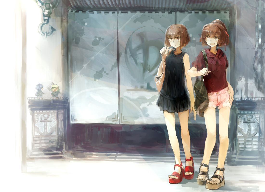 2girls, anthropomorphism, brown_eyes, brown_hair, construction_fairy_(kancolle), cus-tom, dress, fairy_(kancolle), hyuuga_(kancolle), ise_(kancolle), kantai_collection, short_hair, shorts