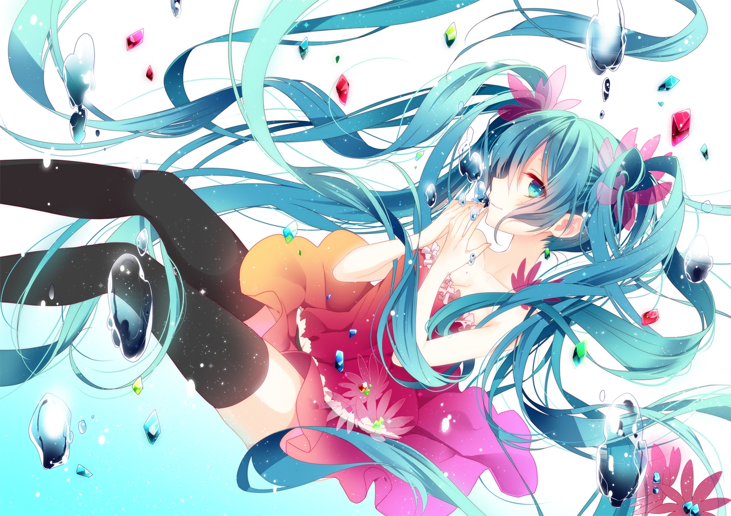 blue_eyes, blue_hair, dress, flowers, hatsune_miku, long_hair, naoto_(tulip), thighhighs, twintails, underwater, vocaloid, water