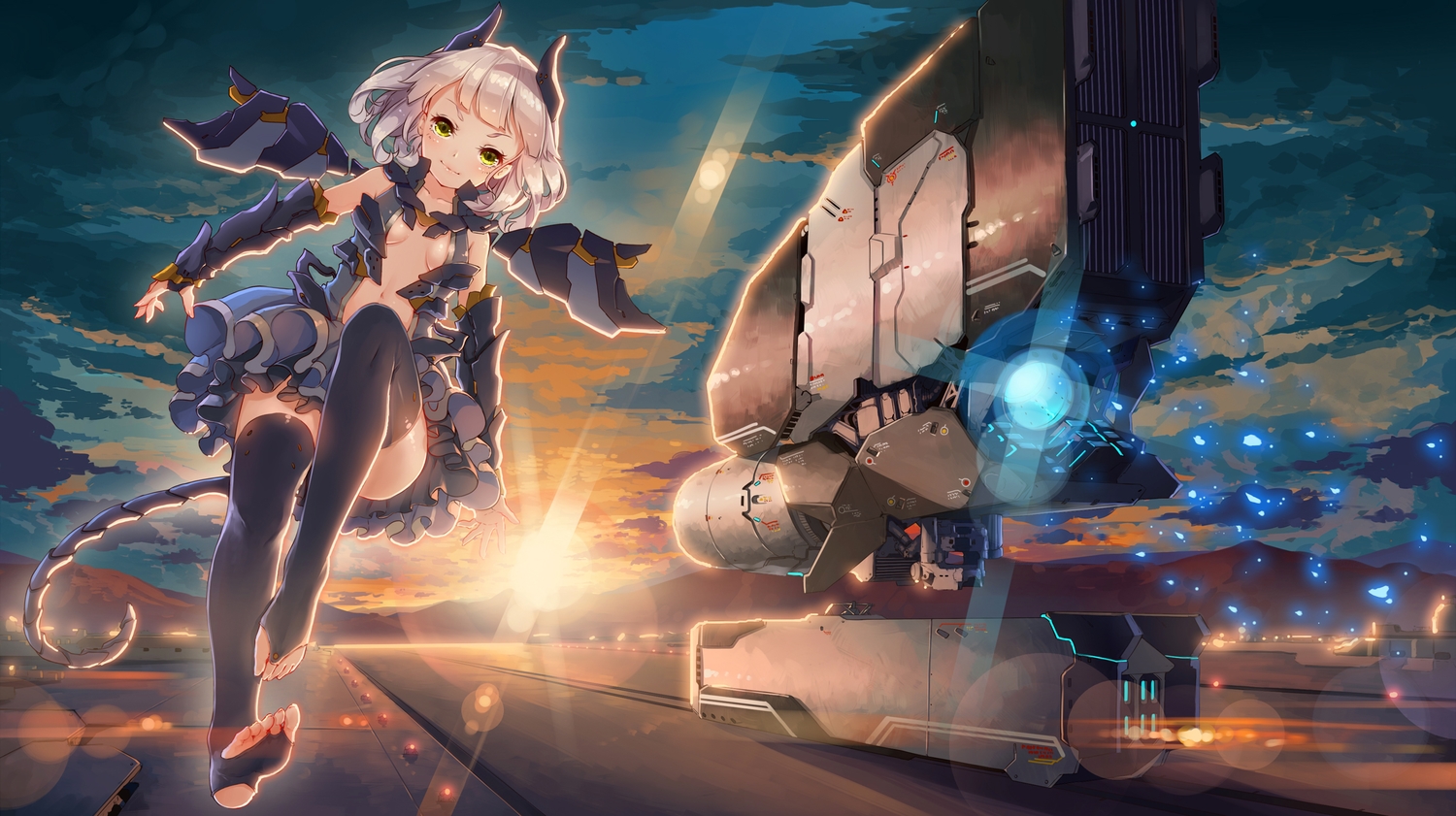 aircraft, blonde_hair, breasts, cleavage, green_eyes, hokou_sakuran, mechagirl, navel
