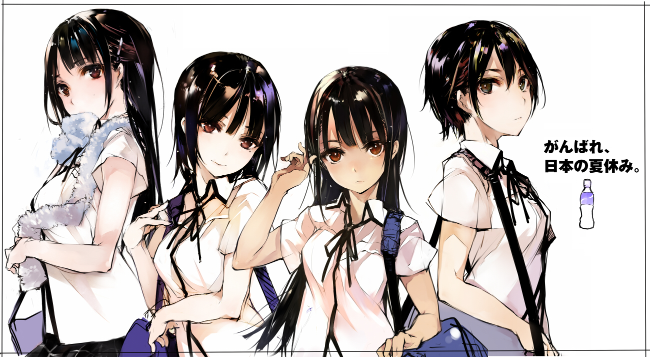 black_eyes, black_hair, brown_eyes, group, long_hair, original, scarf, school_uniform, short_hair, shunsei_(muratou)