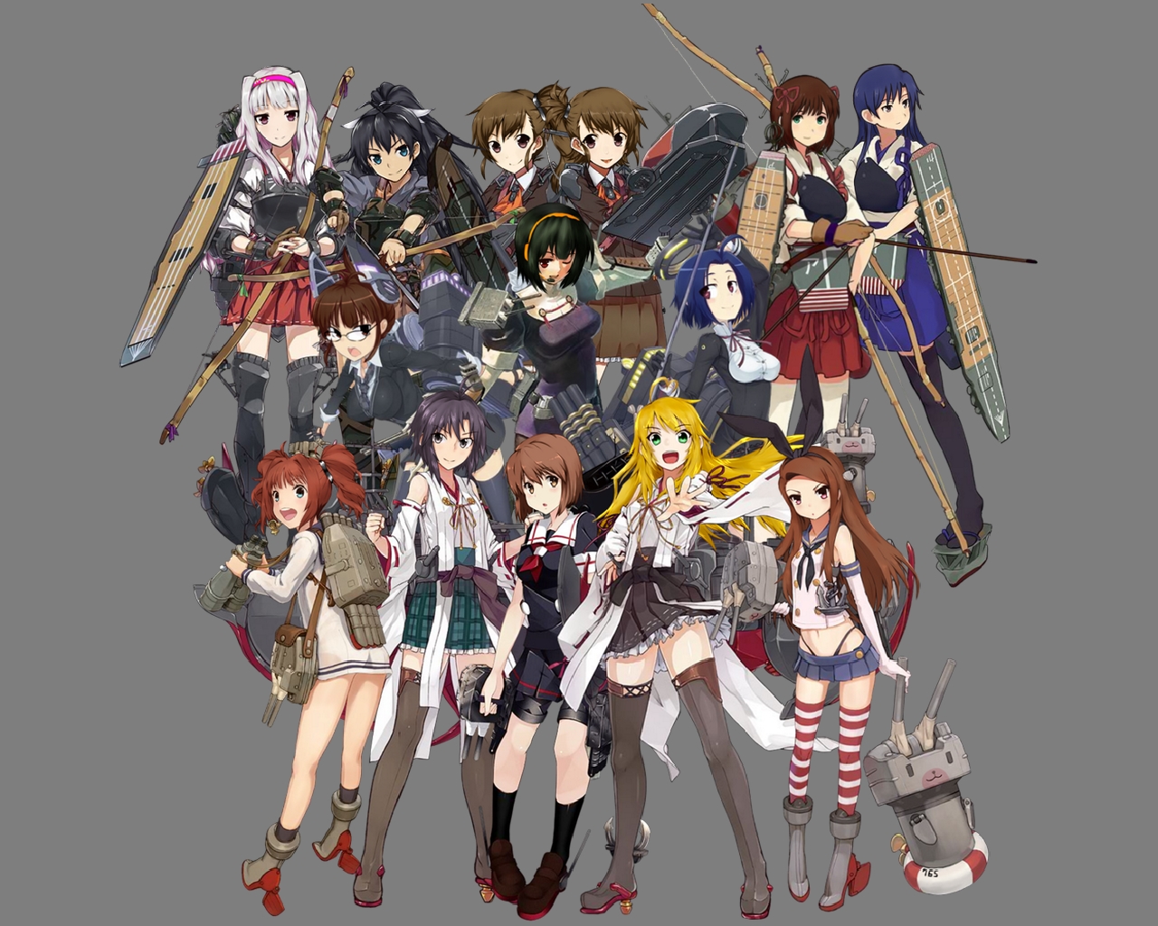 akizuki_ritsuko, amami_haruka, blonde_hair, blue_eyes, blue_hair, boots, bow_(weapon), brown_eyes