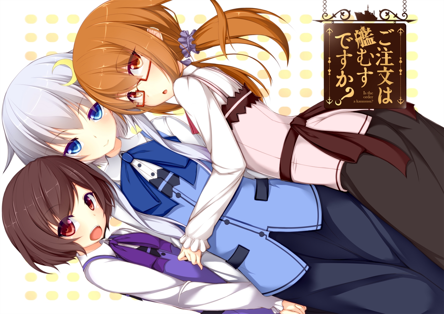 anthropomorphism, aqua_eyes, black_hair, cosplay, glasses, gochuumon_wa_usagi_desu_ka?, hug, jougen, kantai_collection, mochizuki_(kancolle), mutsuki_(kancolle), orange_eyes, orange_hair, red_eyes, short_hair, twintails, white_hair, yayoi_(kancolle)