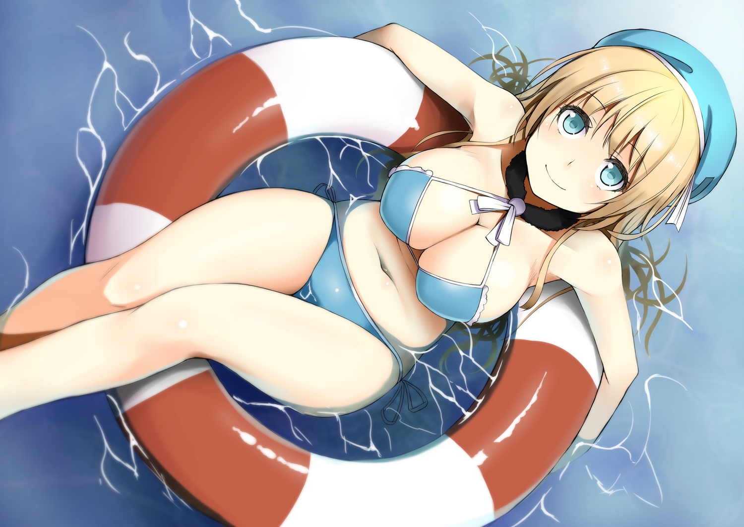anthropomorphism, atago_(kancolle), bikini, blonde_hair, blue_eyes, breasts, cleavage, hat, kamata_yuuya, kantai_collection, navel, swim_ring, swimsuit