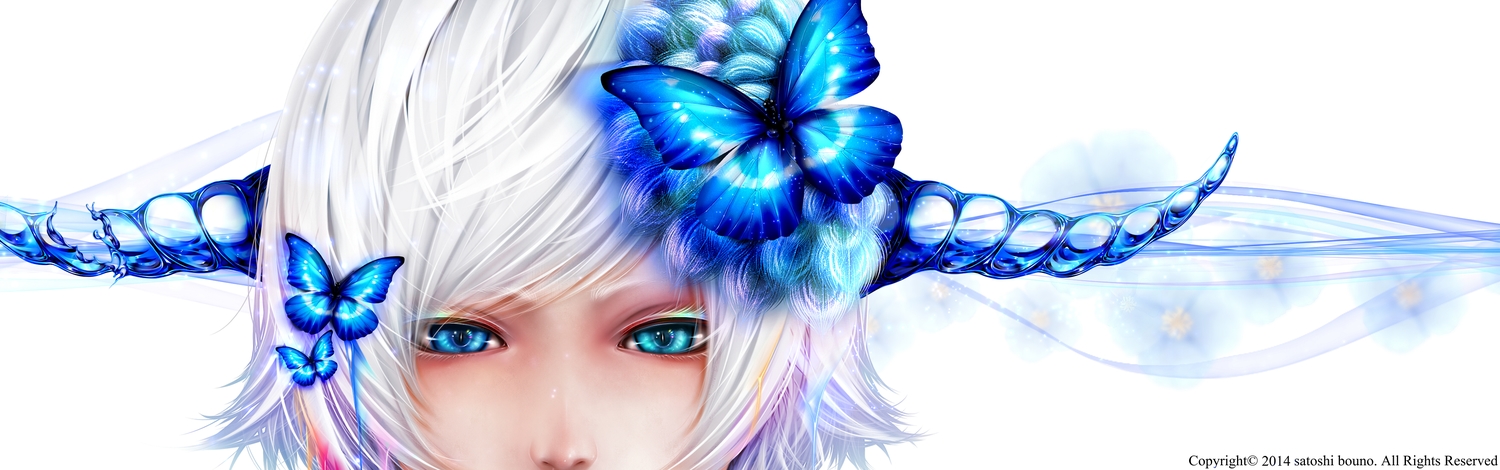 bicolored_eyes, blue_eyes, bouno_satoshi, butterfly, close, flowers, horns, original