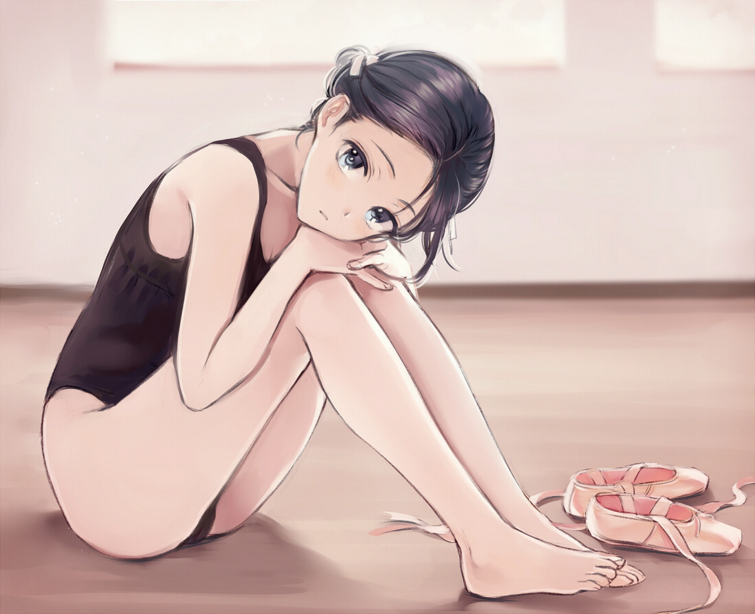 barefoot, black_eyes, black_hair, leotard, short_hair, takeuchi_aya