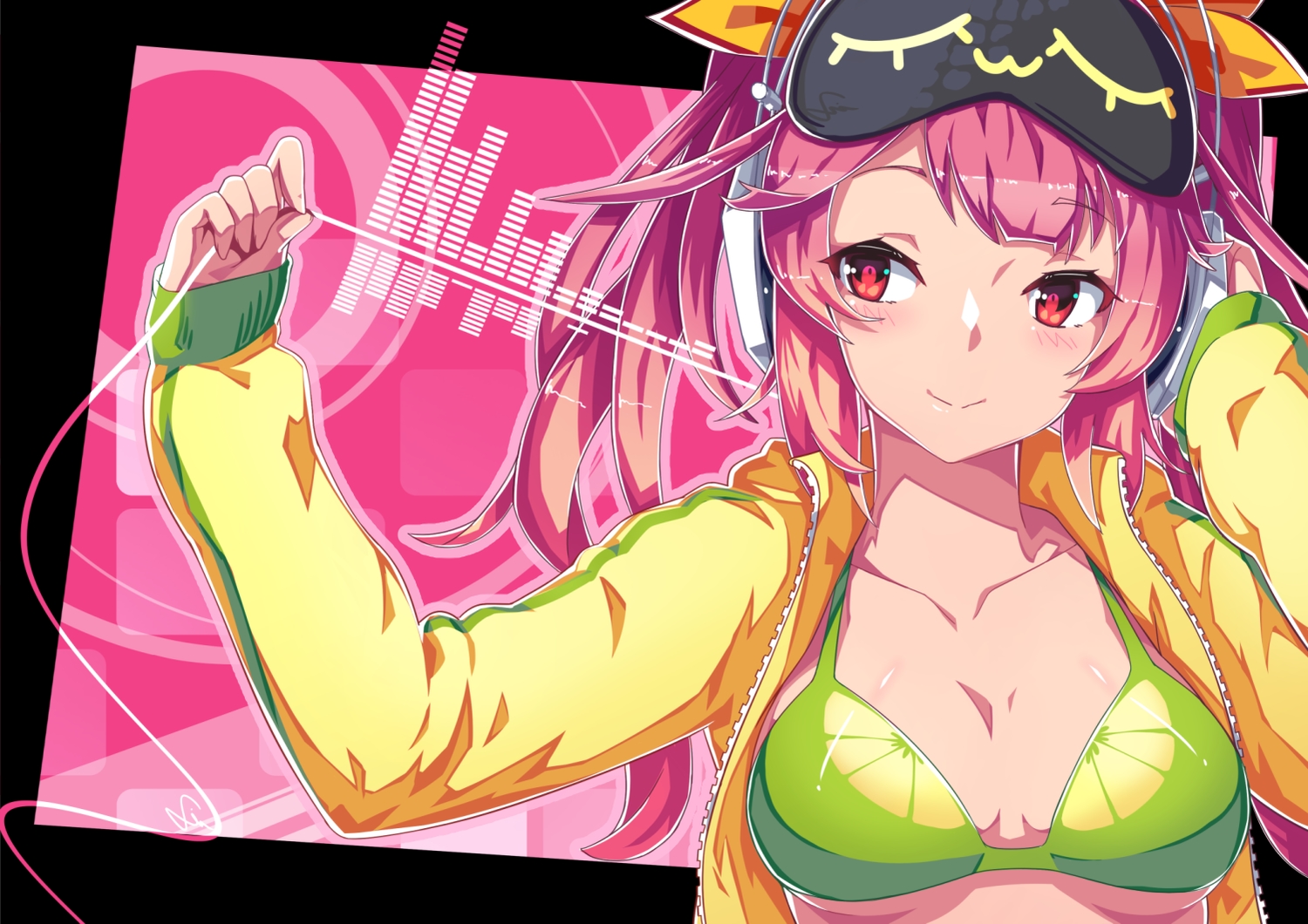 bikini_top, breasts, close, dev, hat, long_hair, open_shirt, original