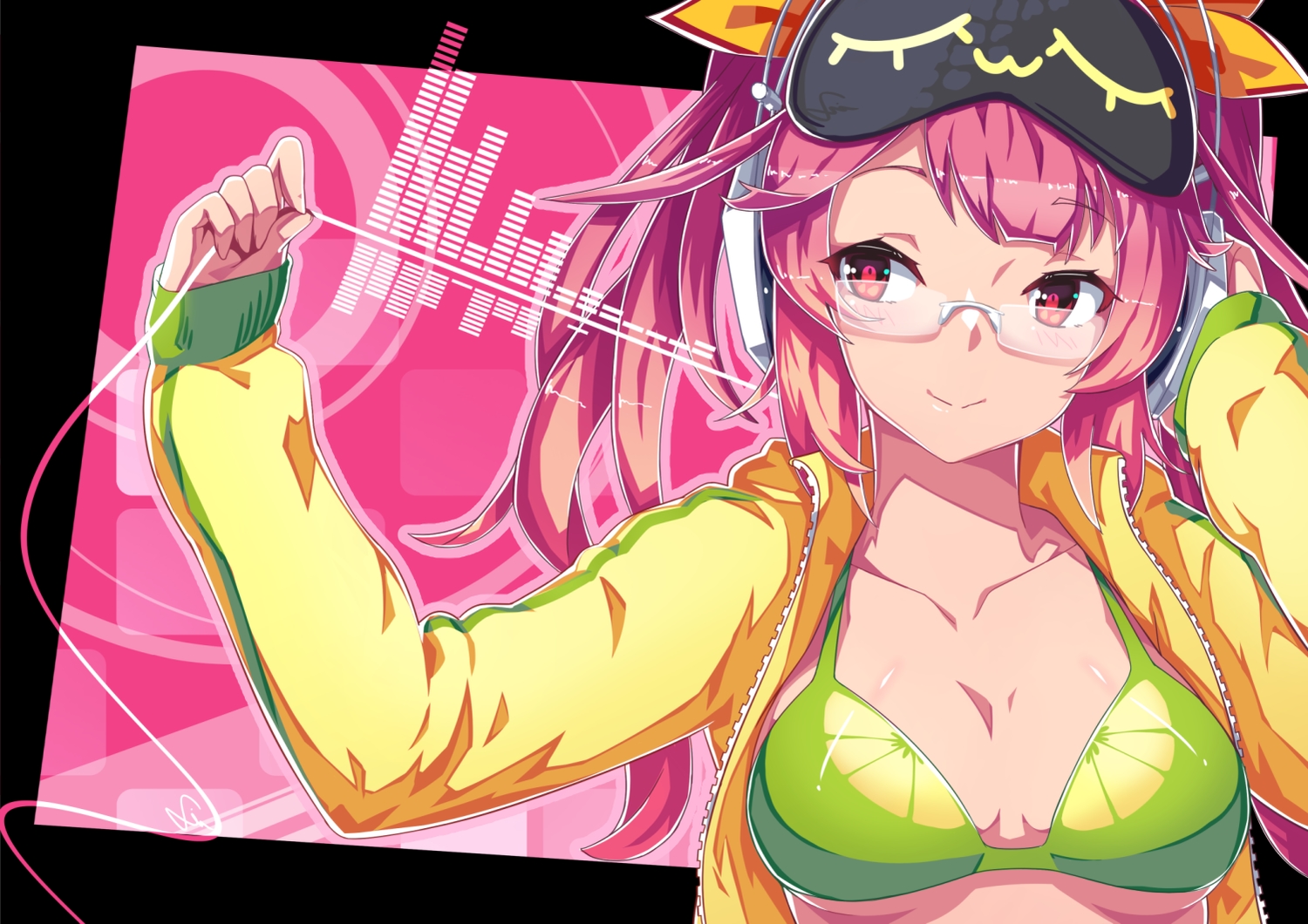 bikini_top, breasts, close, dev, glasses, hat, long_hair, open_shirt, original, pink_hair, red_eyes, underboob