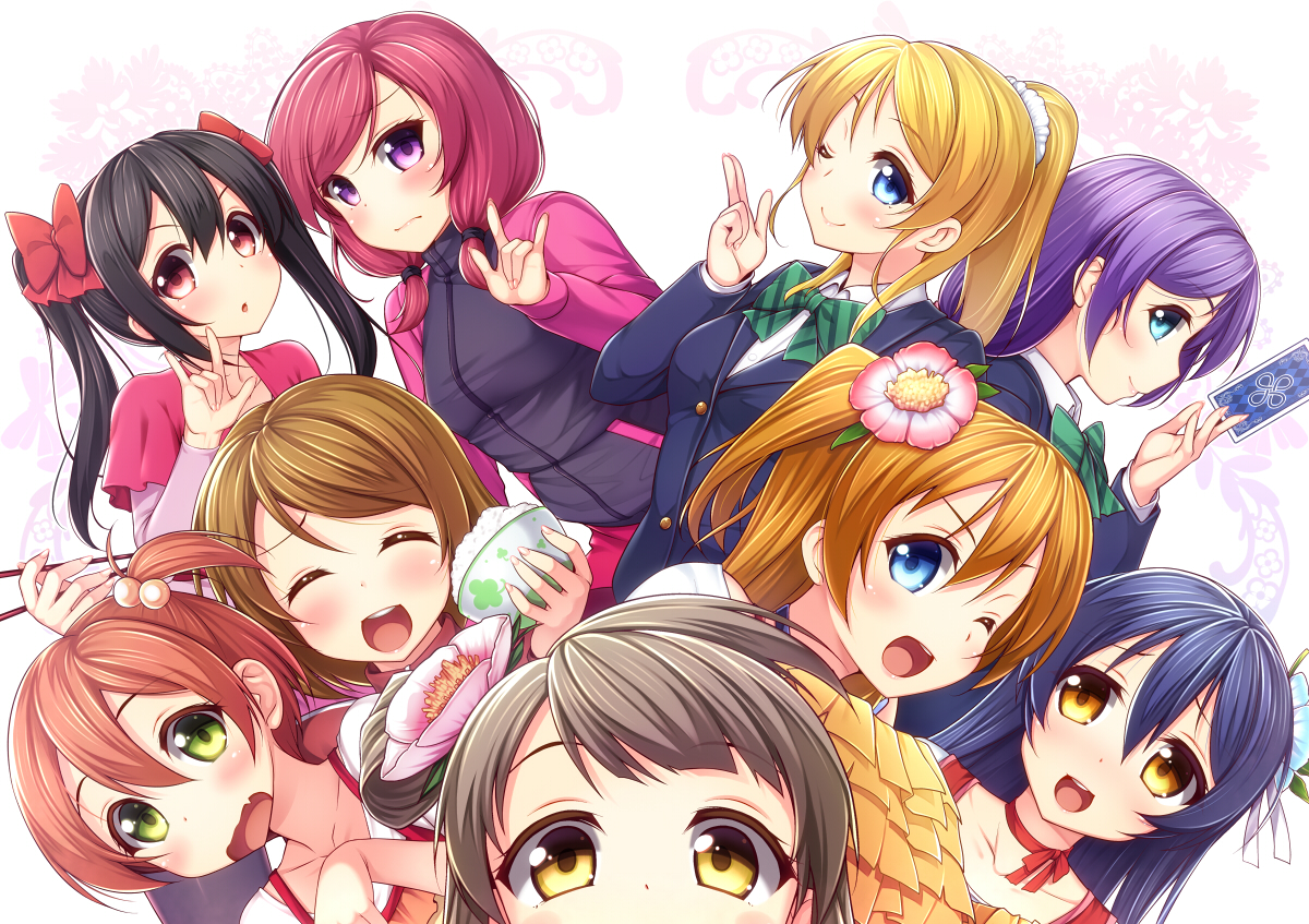 ayase_eri, black_hair, blonde_hair, blue_eyes, blue_hair, blush, bow, brown_hair, choker, fang, flowers, food, green_eyes, hoshizora_rin, koizumi_hanayo, kousaka_honoka, long_hair, love_live!_school_idol_project, minami_kotori, nishikino_maki, nullken, pink_hair, ponytail, purple_eyes, purple_hair, red_eyes, red_hair, school_uniform, short_hair, sonoda_umi, toujou_nozomi, twintails, wink, yazawa_nico, yellow_eyes