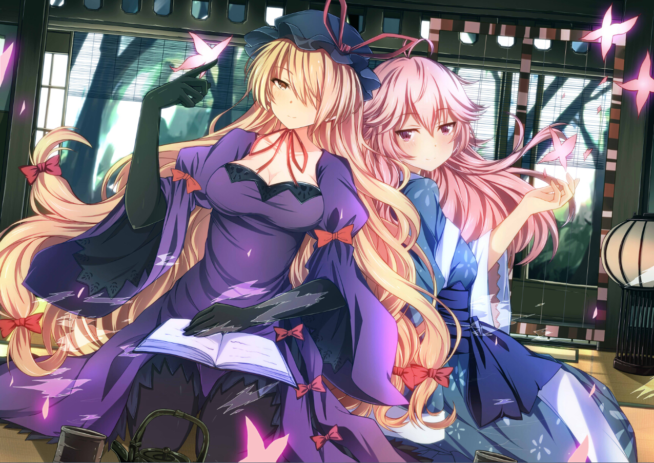 2girls, blush, bow, breasts, brown_eyes, brown_hair, butterfly, cleavage